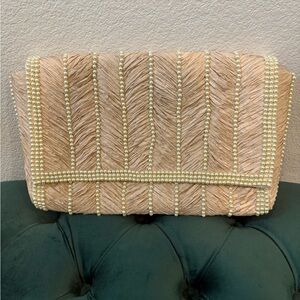 Anthropologie Raffia Pearl-Embellished Clutch NWT
